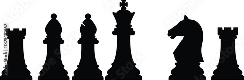 ector Silhouette Set of Classic Chess Pieces Including King, Bishop, Knight, and Rook, Symbolizing Strategy, Competition, Intelligence, and Business Tactics