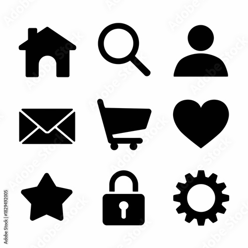 Set of nine black icons on including home, search, person, email, shopping cart, heart, star, lock, and gear