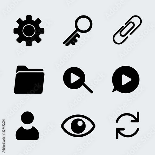 Set of nine black icons on representing settings, security, link, folder, search, play, user, eye, and refresh