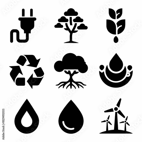 Set of nine black icons representing environmental sustainability and energy efficiency concepts