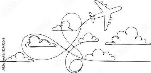Captivating one continuous line drawing of an airplane's serene journey, elegantly weaving through clouds, symbolizing travel, freedom, and seamless exploration