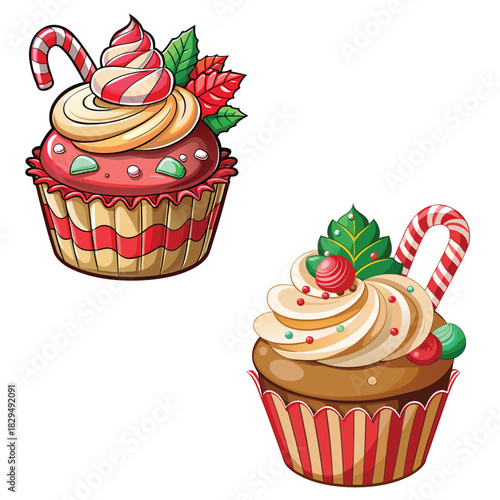 Delicious sweet birthday dessert set of chocolate cake and pink cream cupcakes with cherry illustration vector