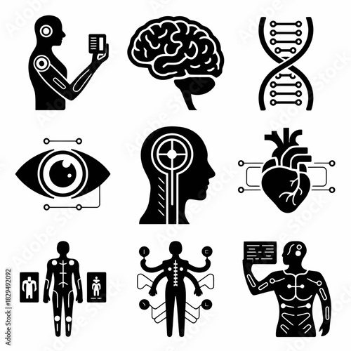 Set of medical icons including brain, heart, dna, and robotic arm representing healthcare and technology