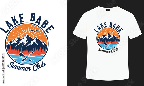 Lake Babe Summer Club" vector logo design with sun, mountains, forest, and paddle, retro circular graphic illustration for camping and outdoor apparel print template