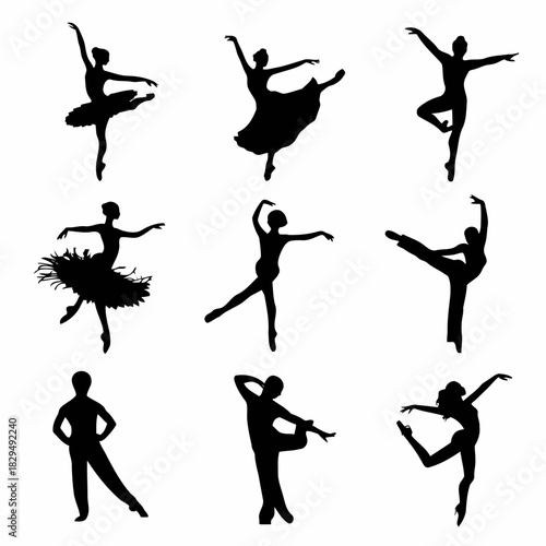 Silhouettes of ballet dancers performing various poses and movements isolated on