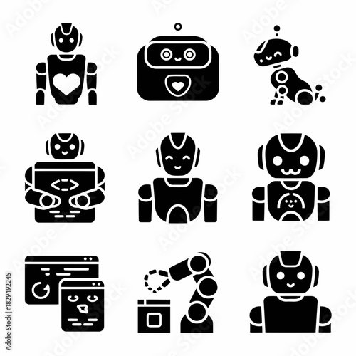 Set of nine black and white robot icons representing various activities and functions