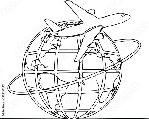 A minimalist one continuous line drawing of an airplane flying around the Earth, symbolizing international travel and global logistics