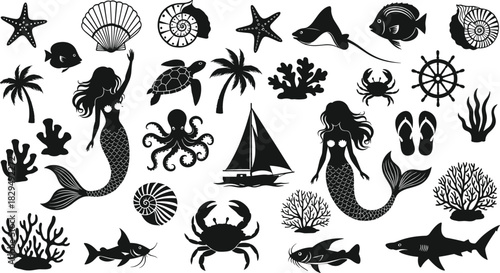 Mermaid and sea life vector silhouette collection, nautical and tropical elements with shells, fish, and sailing boat, ocean fantasy illustration set for design assets