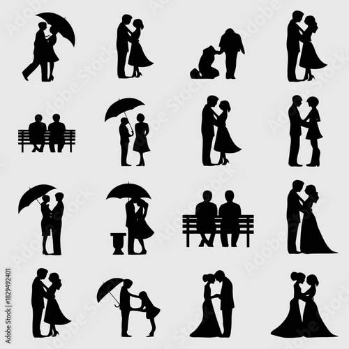 Silhouettes of couples in various romantic poses, including kissing, holding hands, and sharing an umbrella, isolated on