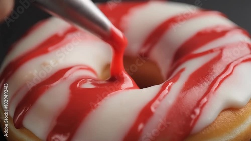 Delicious Donut with Red Icing Being Decorated with Precision | Food Photography