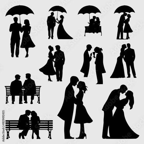 Silhouettes of couples in various romantic poses, including holding umbrellas, sitting on benches, and embracing, showcasing love and affection