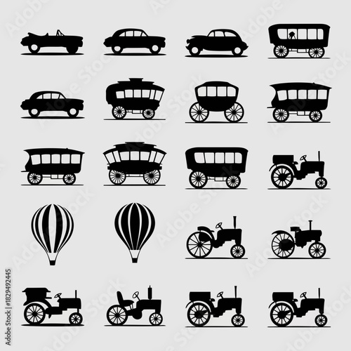 Collection of vintage vehicles and transportation icons including cars, trucks, tractors, and a hot air balloon, isolated on