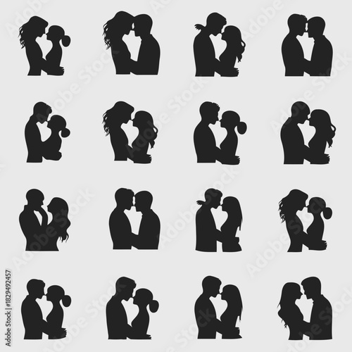 Silhouette of couples embracing and kissing in various romantic poses, isolated on