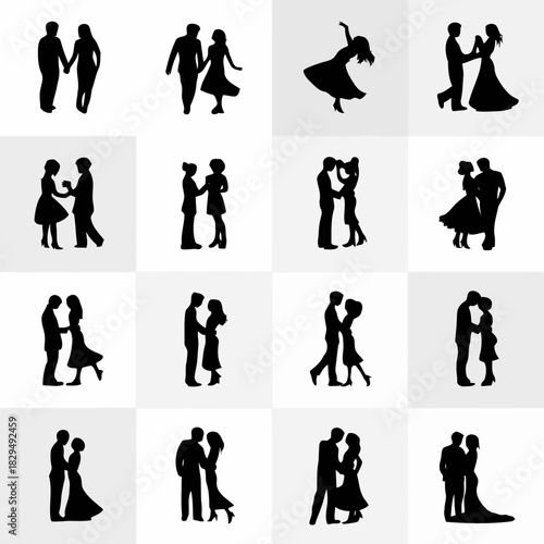 Silhouettes of couples dancing and embracing in various romantic poses on