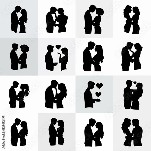 Silhouette of a couple embracing in various romantic poses, isolated on