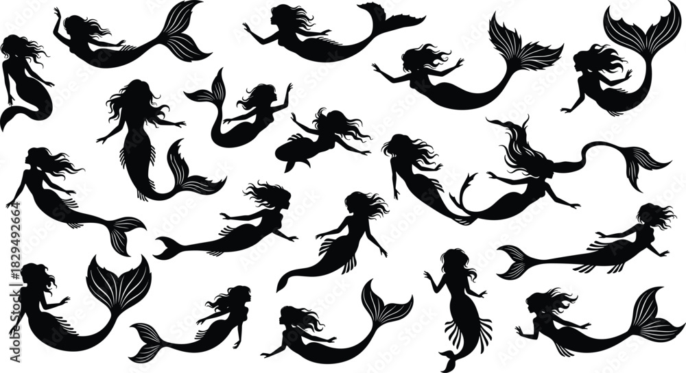 Naklejka premium Mermaid silhouette vector collection set in various swimming, sitting, and floating poses, mystical female ocean creature graphic illustration bundle, fantasy asset