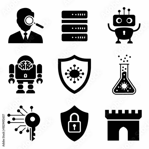 Set of icons representing technology, security, science, and data concepts including a detective, robot, database, shield, flask, key, lock, and castle