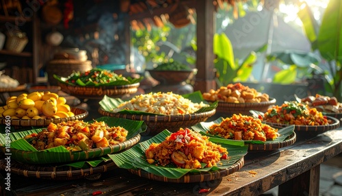 Indonesian Warung with Traditional Food Display and Banana Leaf Presentation