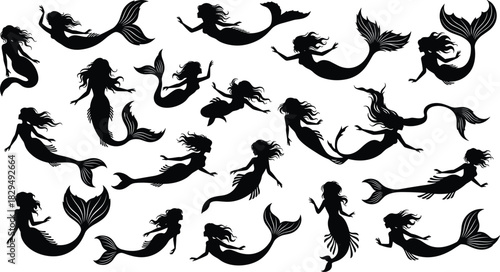 Mermaid silhouette vector collection set in various swimming, sitting, and floating poses, mystical female ocean creature graphic illustration bundle, fantasy asset