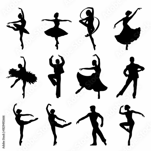Silhouettes of ballet dancers in various poses and movements, showcasing grace and elegance, isolated on