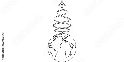 Continuous airplane flight path encircling the globe in a single line, representing global travel