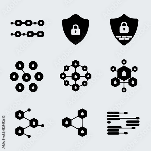 Set of nine black and white icons representing network security, data encryption, and digital protection concepts