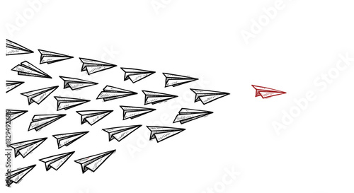 Red Paper Airplane Flying Against the Stream. Leadership and Individuality Concept. Vintage Woodcut Engraving and Vector Illustration.