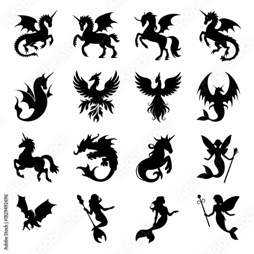 Collection of fantasy creatures including dragons, griffins, mermaids, and fairies in black silhouette style