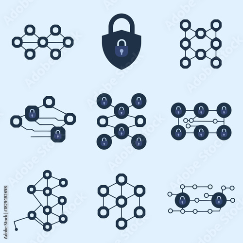 Collection of various network diagrams and security icons including nodes, connections, and a padlock symbol