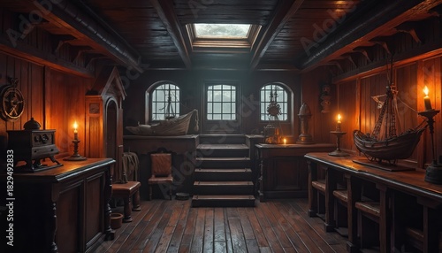 Wallpaper Mural Interior of wooden pirate ship with model vessel. Ship decor has candle lighting. Staircase leads to doorway in cabin. Maritime travel and historical adventure backdrop. Concept for museum or game. Torontodigital.ca