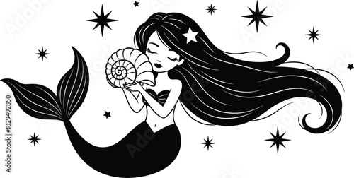 Mermaid silhouette vector illustration holding a large nautilus shell, celestial fantasy scene with stars, mystical female creature graphic for prints and decals
