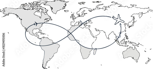 One continuous line journey around the world, endless route