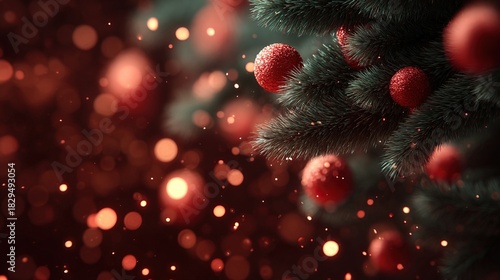 Wallpaper Mural Festive christmas tree branch adorned with red glitter ornaments and blurred holiday lights Torontodigital.ca