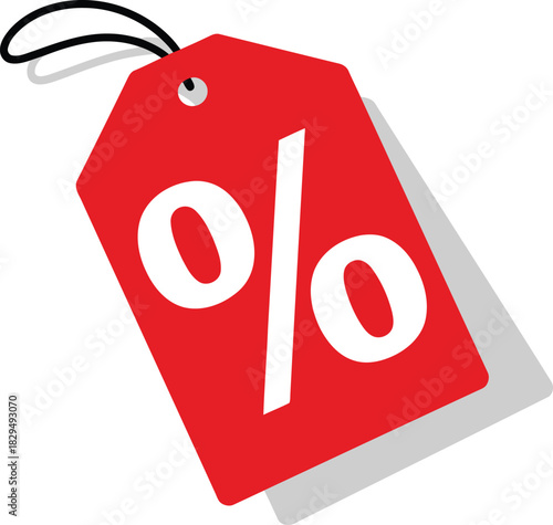 A striking red price tag with a prominent white percentage symbol and a distinct shadow