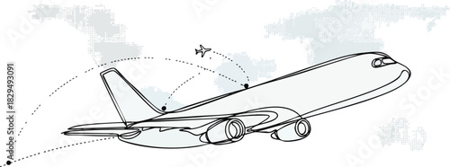 A single continuous line drawing of an airplane's path. World travel and international airline business concept in a simple linear style. Airplane travel. Vector illustration.