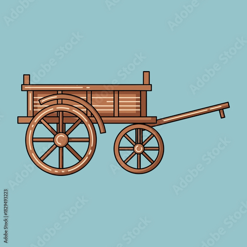 A brown wooden cart with two wheels and a handle is shown.