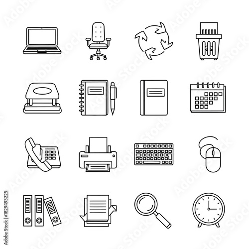 Office supplies and equipment icons set for business and work.