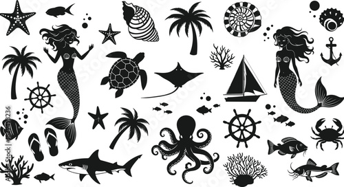 Nautical and ocean life silhouette vector collection, detailed mermaid, sea animals, beach, and marine elements illustration set, tropical summer graphic assets