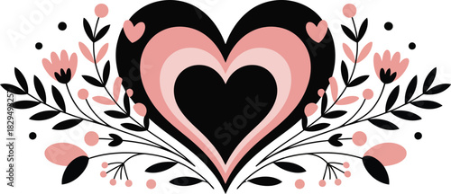 A stylish black and pink layered heart design surrounded by delicate floral elements on a white field