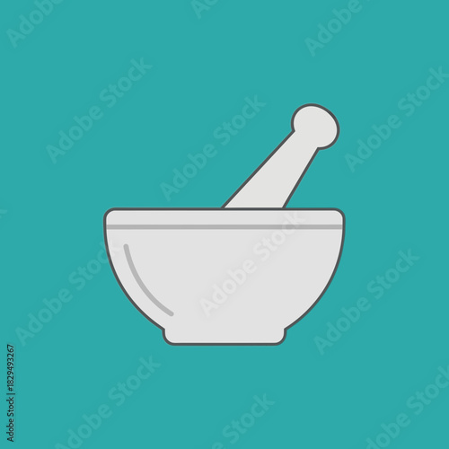 A mortar and pestle are depicted in a simple flat illustration.