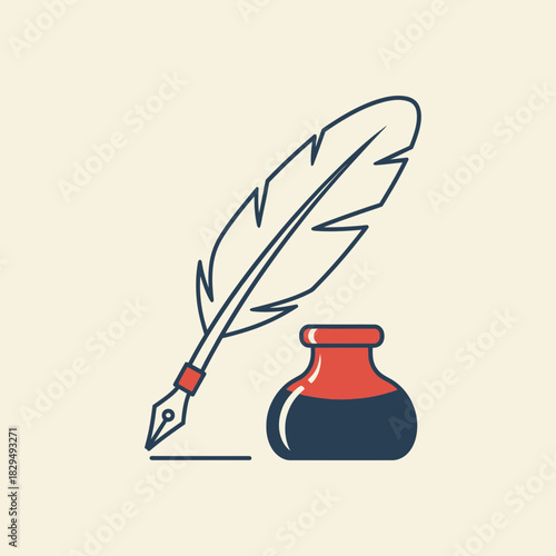 A quill pen rests near an inkwell with a line indicating writing.