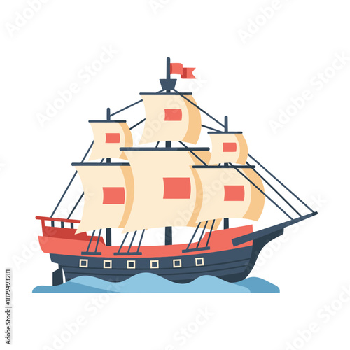 Cartoon ship with sails and a flag sailing on water.