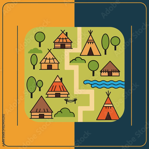 Cartoon village illustration with huts trees river and path in a square.