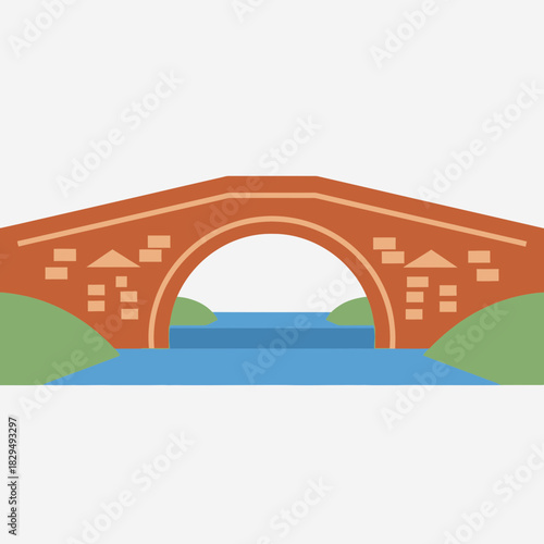 A stylized brown bridge spans blue water with green banks.