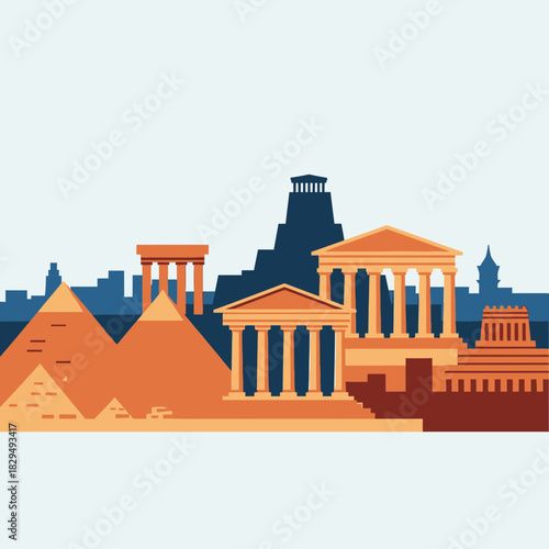 Pyramids and buildings with columns form a skyline illustration.