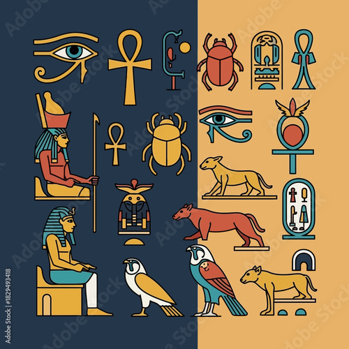 Egyptian symbols and figures including pharaohs animals and hieroglyphs are depicted.