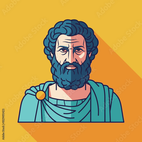 Illustrated man with beard and curly hair wearing a robe.