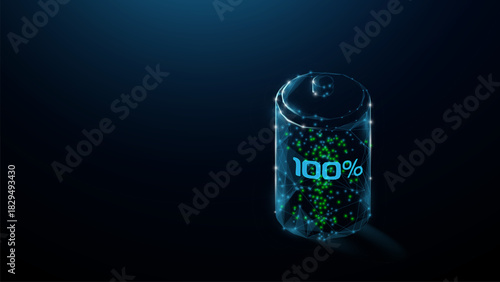 Battery charge icon. Battery electrical energy and power concept. Polygonal and wireframe glowing style