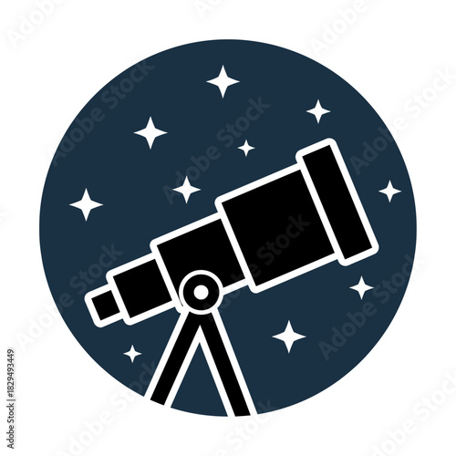 Telescope on a tripod with stars in a circular frame.