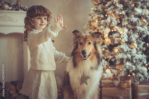 Hübsches kleines Mädchen mit Locken steht mit ihrem rough Collie  sable vor dem Weihnachtsbaum zu Weihnachten, Abendstimmung mit Lichtern Var. 1